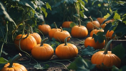 Grounded orange pumpkins. Reaping. Nourishment. Farming, gardening, agronomy. Green consumption principle.