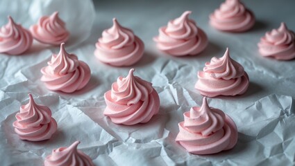These exquisite pink marshmallow confections, known for their delicate and fluffy texture with a touch of chewiness, are formed into sophisticated swirls and dusted