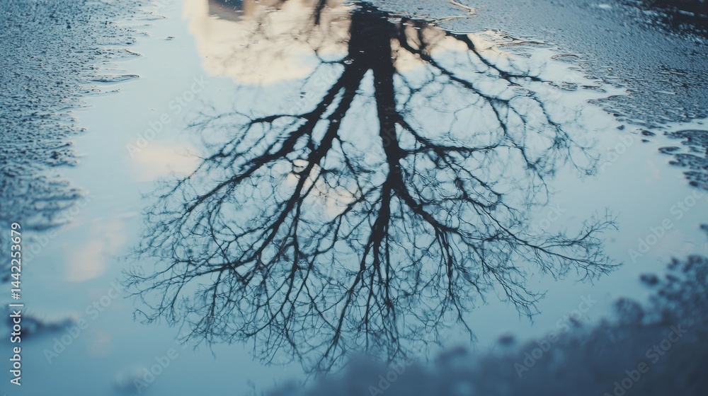 Poster reflection of a bare tree in a puddle.