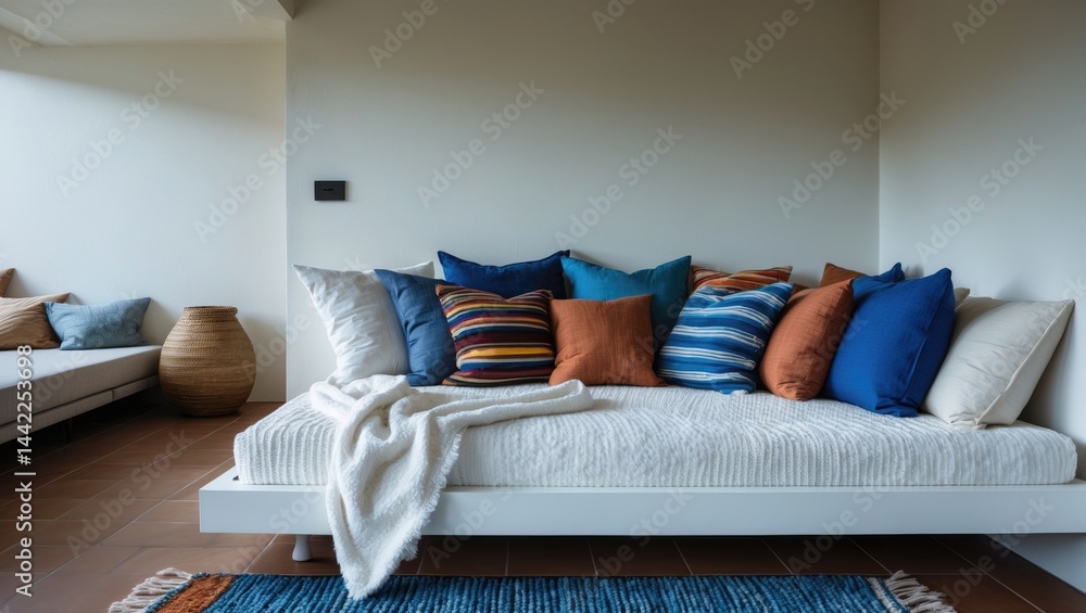 Poster horizontal angle of a settee with multiple cushions and a rug placed before it. pristine wall. inter
