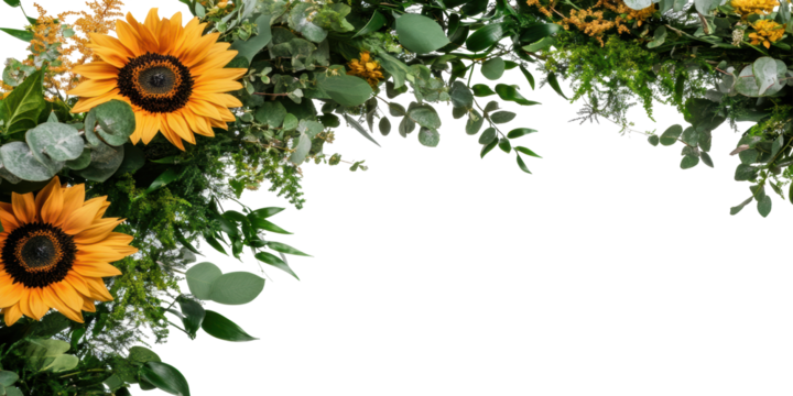 Sunflower And Greenery Border. Nature-Inspired Decorative Frame Design Isolated On Transparent Background