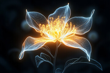 neon outline of a blooming flower, bright yellow on a black background, vibrant and floral