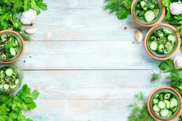 Freshly Marinated cucumbers and Garnishes on a Rustic Tabletop: A visually appealing tableau of fresh, pickled cucumbers arranged artfully with verdant herbs and aromatics. bathed in natural light.