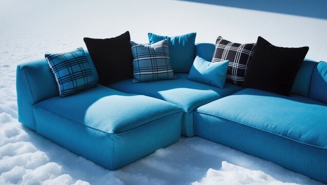 Pale blue sofa with angular shape, black pillows, and plaid, isolated on a white background.