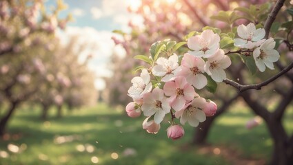 Springtime pink apple blossoms in farm orchards on a sunny day
