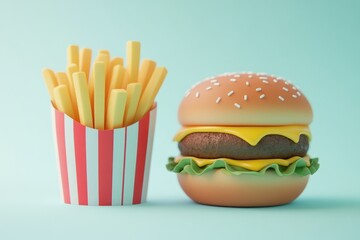 Cartoonish fast food meal of french fries and hamburger.