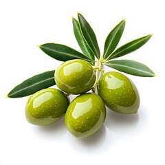 Green Olives with Leaves on Transparent or White Backdrop isolated on white background