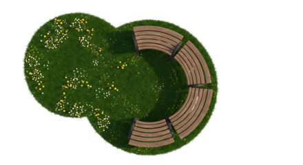 Aerial View of Circular Park Bench Arrangement Surrounded by Lush Green Grass and Delicate Wildflowers