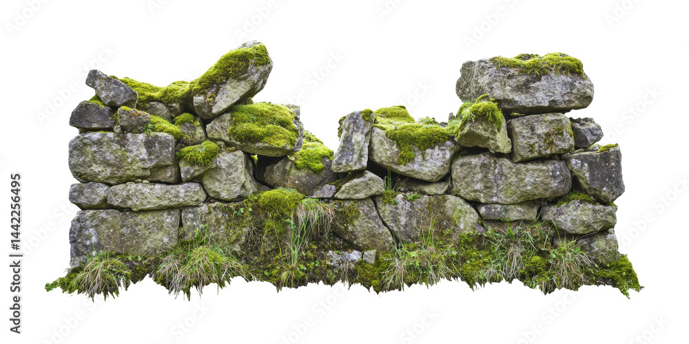Poster moss-covered stone wall. nature and rustic architecture isolated on transparent background