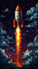 Naklejka premium pixel art scene of a pixelated spaceship flying through stars, 16-bit sci-fi, adventurous