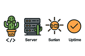 Data-center symbols feature a mascot, a rack, cooling, and reliability elements