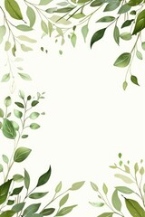 Fototapeta premium Elegant watercolor green leaves frame border on white background with central space for text
