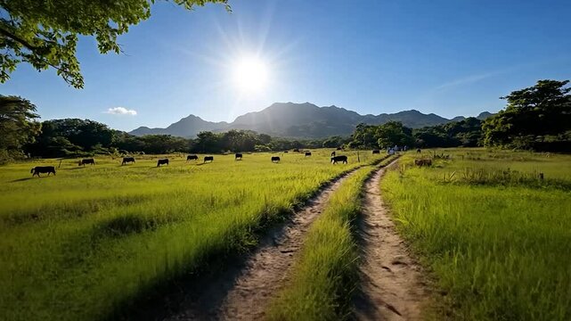 Serene landscape photo of a grassy field with a dirt road splitting into two paths, leading towards a mountain range under a bright sun. Cattle graze peacefully in the distance