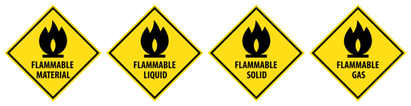 Flammable hazard warning sign set, indicating flammable gases, aerosols, liquids or solids symbol. Flammable material labels.