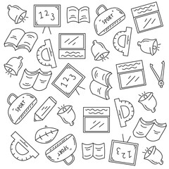 Variety of open books pencils rulers and arts materials doodle set