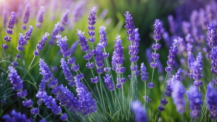 Sunlit Blue Lavenders background showcasing English cottage garden flowers and lavender fields
