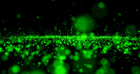 Beautiful green shine Floating Dust in black space. Particles In Air With Bokeh. Backdrop for awards ceremony, nightclub, fashion show