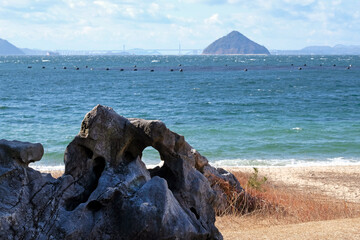 Coastal scene with waves arriving at the beach in Naoshima, Japan