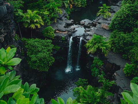 Lush waterfall cascading into a dark pool surrounded by vibrant tropical greenery - Powered by Adobe