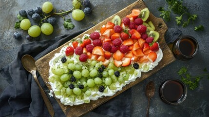 A colorful arrangement of various fruits and whipped cream