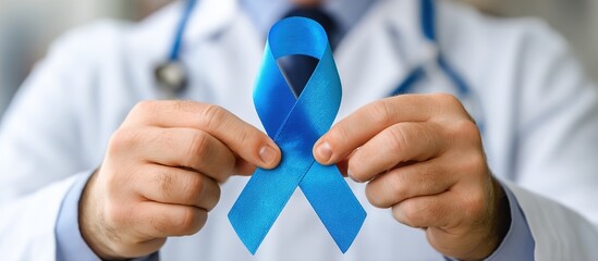 Blue November Prostate Cancer Awareness month, Doctor with Blue Ribbon in hospital for support people life and illness. Healthcare, International men, Father, Diabetes and World cancer day