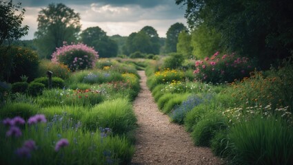 A charming route flanked by flourishing grass and vivid flowers meandering through a tranquil pasture