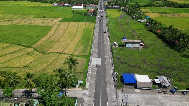 Aerial Drone Shot of Provincial Highway Amid Lush Fields in Daraga-Legazpi-Tiwi Road, Albay