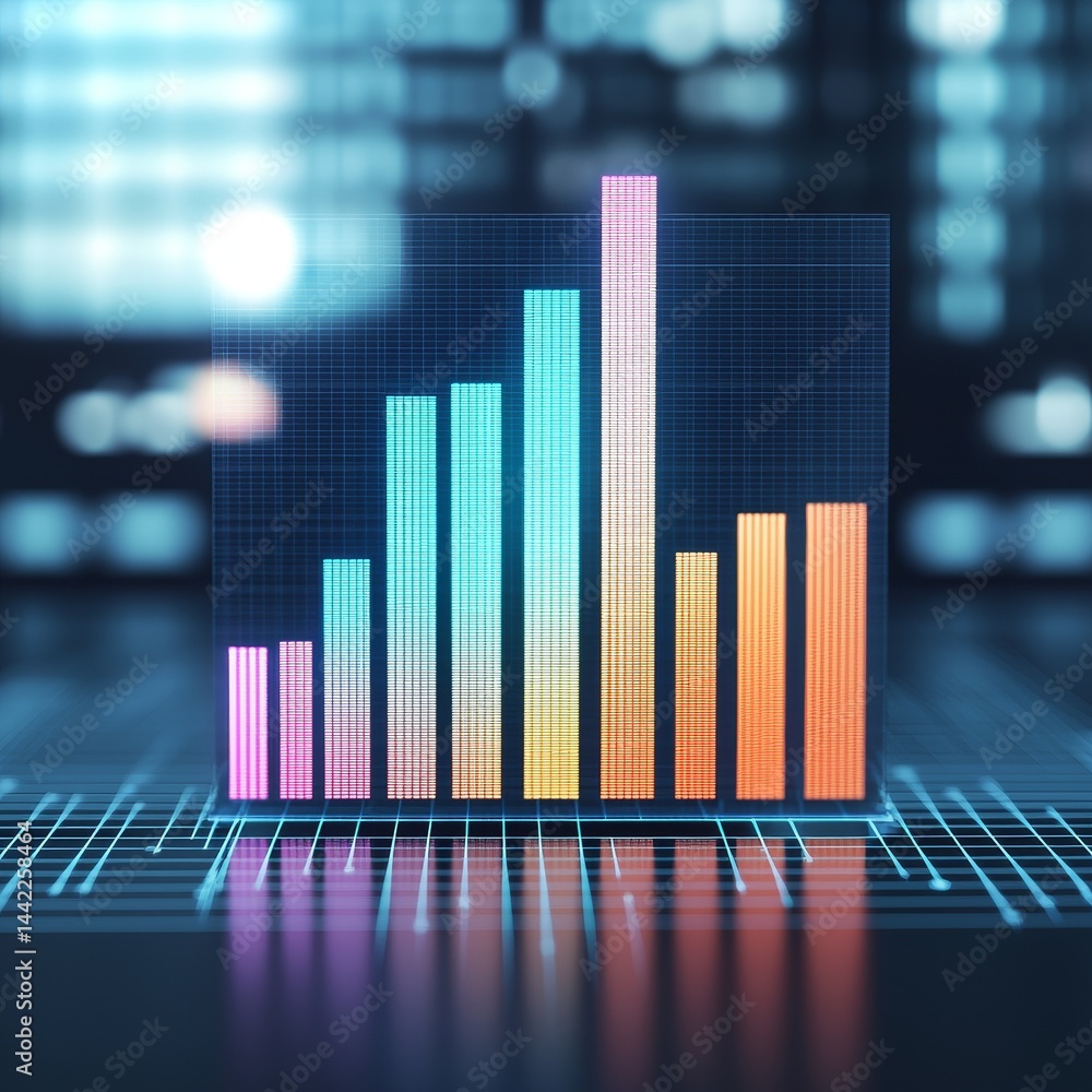 Aufkleber digital bar graph on a glowing grid background.