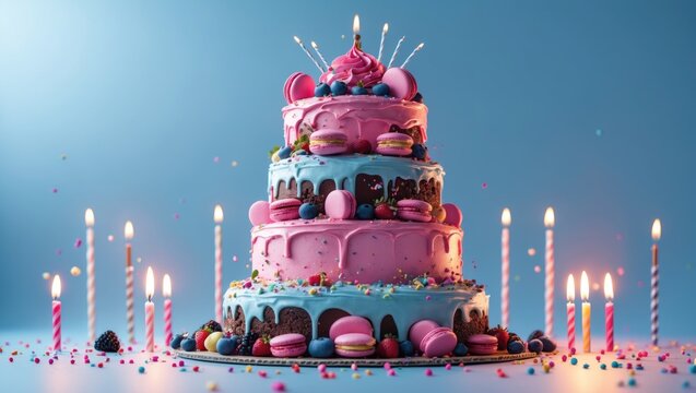 Soaring layers of birthday cake adorned with berries, chocolate, macarons, pink cream, and background candles ablaze. Food levitation in motion freeze. - Powered by Adobe