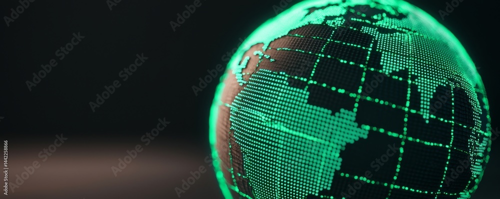 Poster glowing digital globe with a grid pattern on a dark background.