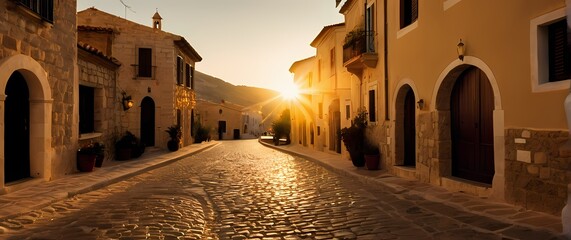 Golden sunlight spilling over cobblestone streets in a sleepy Mediterranean village