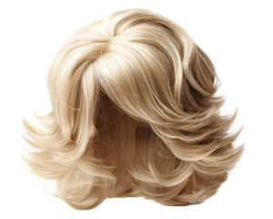 Fototapeta premium Bouncy voluminous wig hair with layered effect, showcasing beautiful blonde color. This stylish wig is perfect for adding volume and flair to any look, enhancing your overall appearance