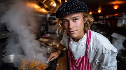 Young male chef cooking in a busy professional kitchen with steam and smoke rising from the pan