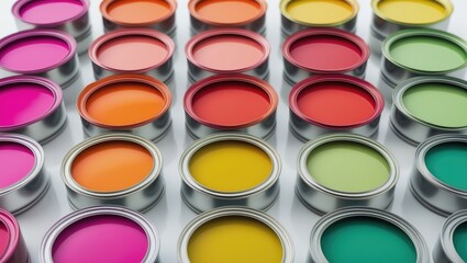 Isolated white background featuring a top view of opened paint cans and their color palette