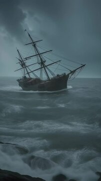 Shipwreck in stormy sea near rocky coast. Old sailing vessel battling fierce waves and wind. Dramatic ocean scene with sinking pirate ship at night.