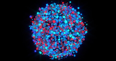Influence of external force on the cubes, transforming many multi-colored squares into a ball-like shape.