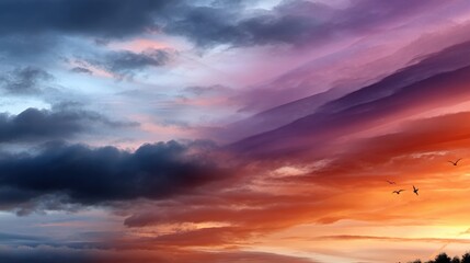 Fototapeta premium Colorful Sunset Sky with Clouds and Birds in Flight During Evening Sky