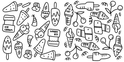Fun hand drawn doodle of summer ice cream popsicles and dessert elements