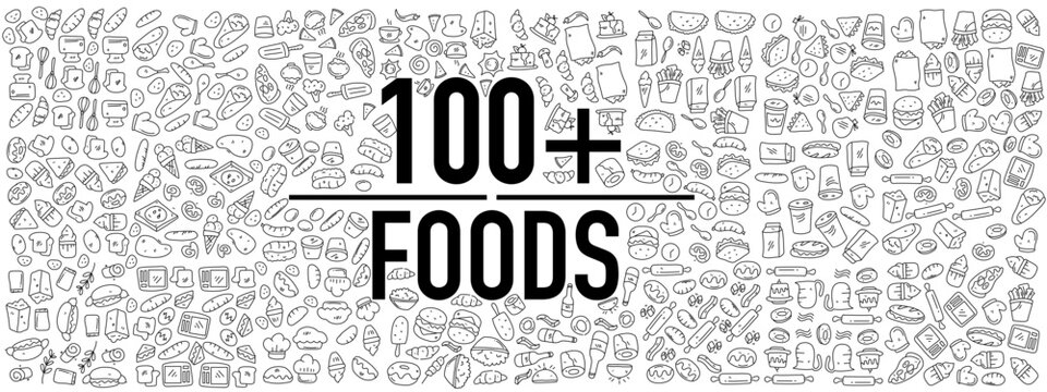 Massive icon set of over 100 food doodles for menu or culinary design use
