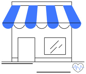 Small shop with striped awning and front display, featuring a heart with a pulse line for protection and wellbeing. Ideal for business growth, security, trust, community, commerce, reliability