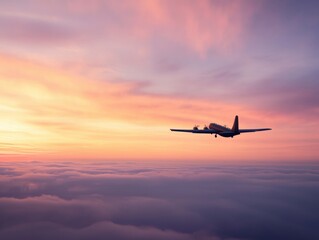 Fototapeta premium Airplane flying over clouds at sunset