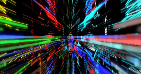 Moving through Cyber digital planes with rectangular shapes tunnel. Cyberpunk virtual reality simulation and metaverse scene. Futuristic Fluorescent Glowing Neon space