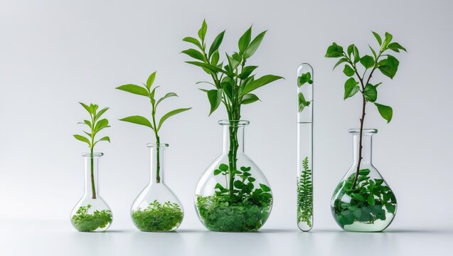 White background with plants in flasks isolated