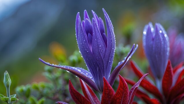 Vibrant purple and red flower featuring dew drops on African Sage on a mountain plateau