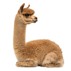 Obraz premium Side view of a fluffy brown alpaca sitting on the ground, looking forward, cut out, isolated on a transparent background, no shadow