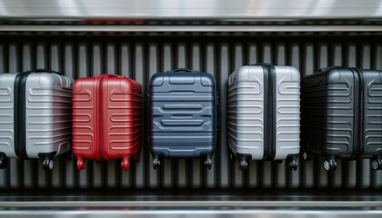 A top view of various colorful suitcases on a luggage conveyor belt at the airport, ready for adventure. 3D render, Generative AI.