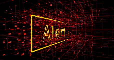 Inscription alert, changing numbers, Futuristic wire cubes with digital numbers, motion around zoom in. Dark space with red illuminated grid. Concept of problem, application error, program, failure