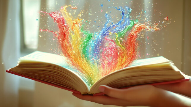 Rainbow Burst of Knowledge: An open book erupts with a vibrant explosion of rainbow-colored particles, symbolizing the boundless potential of knowledge and imagination.