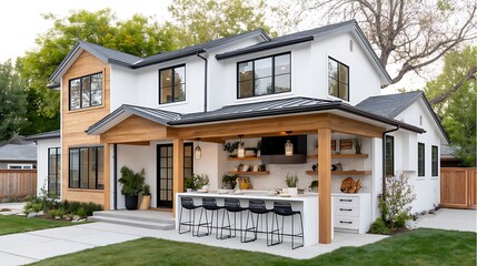 Modern Farmhouse Exterior with Outdoor Kitchen White Walls and Wood Accents