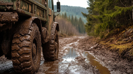 A rugged truck is covered in mud after navigating a difficult off-road path through a forested area. The tires are caked with dirt, showcasing the adventure taken.